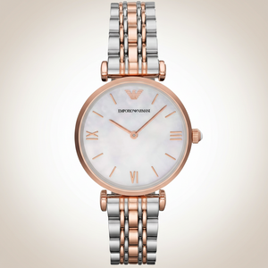 Emporio Armani AR1683 Women’s Mother of Pearl Dial Two-Tone Stainless Steel Gianni T-Bar Watch - Luxury Hub Store