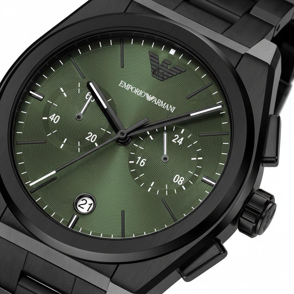 Emporio Armani AR11562 Men’s Green Dial Black Stainless Steel Federico Chronograph Watch - Luxury Hub Store