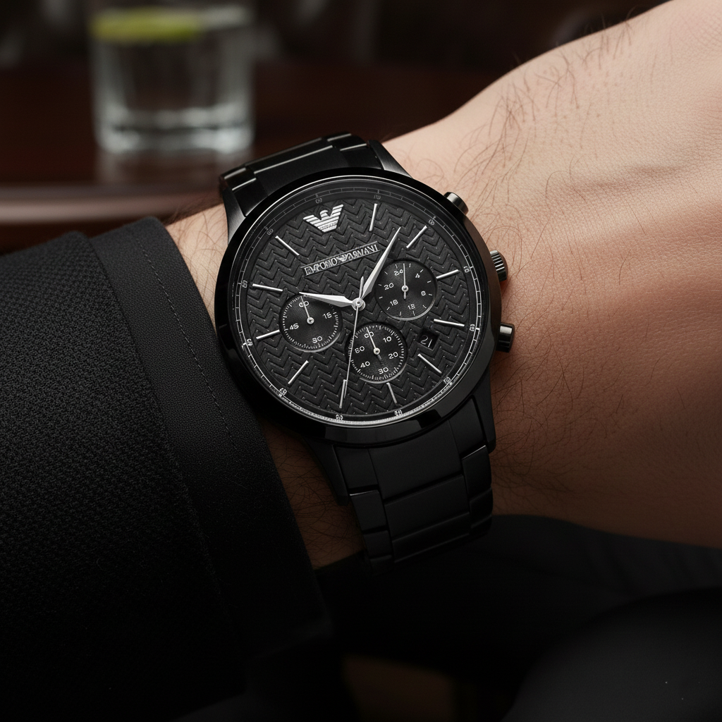 Lifestyle macro of Armani AR2485 black watch with black suit and signet ring