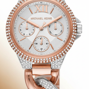 Michael Kors MK6843 Women’s Rose Gold & Silver Mini Camille Crystal Chain-Link Watch - Luxury Hub Store
