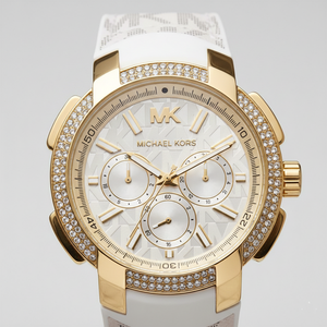 Michael Kors MK7221 Women’s White Dial White Logo Strap Gold-Tone Multi-Function Watch - Luxury Hub Store