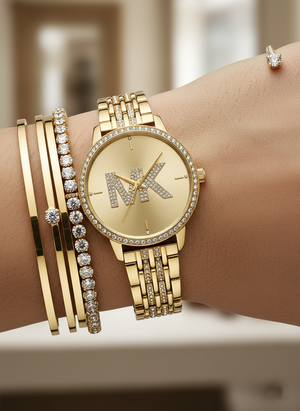Michael Kors MK4371 Women’s Gold Dial Gold Stainless Steel Crystal MK Logo Watch - Luxury Hub Store