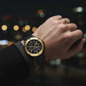 Michael Kors MK8941 Men’s Black Dial Black Gold Stainless Steel Lennox Chronograph Watch - Luxury Hub Store