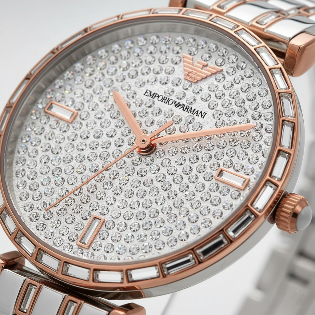 Emporio Armani AR11293 Women’s Crystal Dial Two-Tone Silver Rose Gold Stainless Steel Gianni T-Bar Watch - Luxury Hub Store