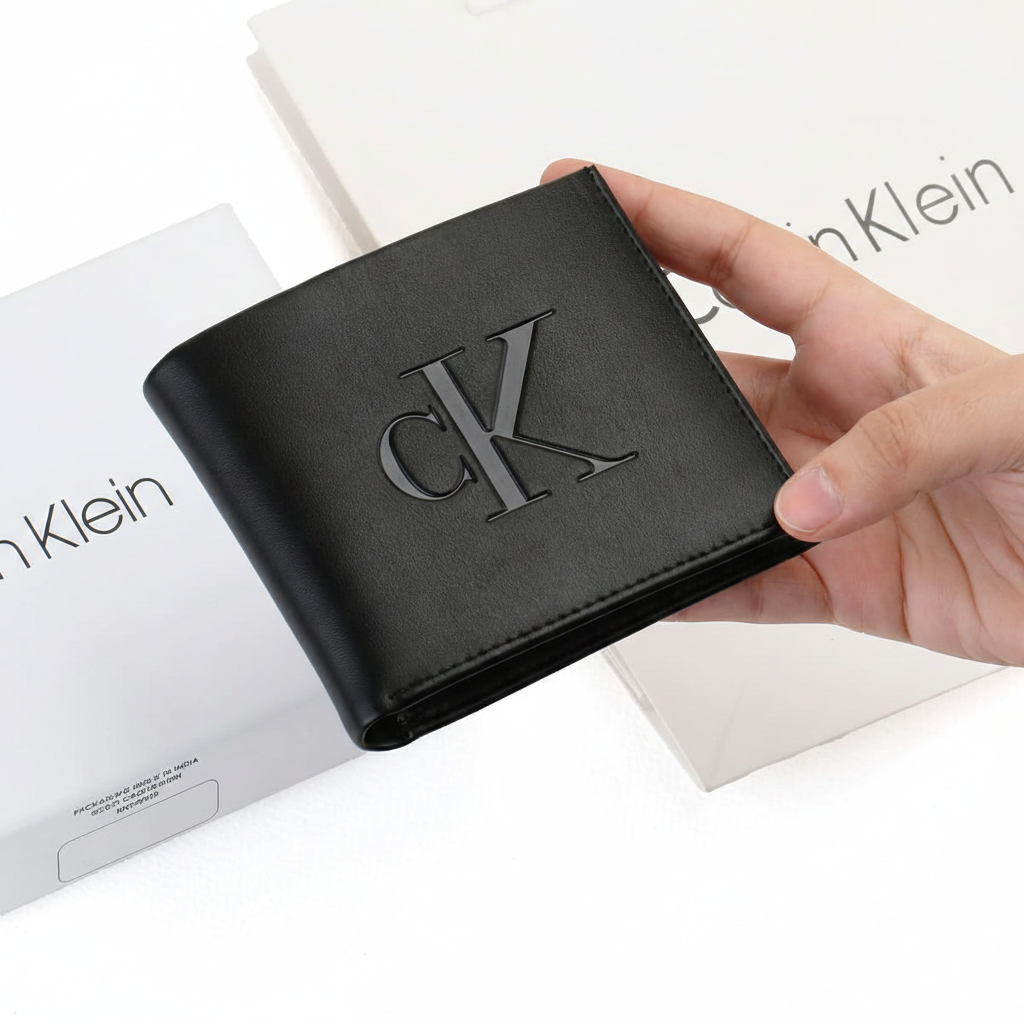 محفظة رجالية من كالفن كلاين، مصنوعة من الجلد الأسود، ثنائية الطي، مزينة بشعار CK معدني كبير.