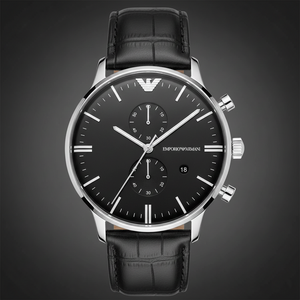 Emporio Armani AR0397 Men’s Black Dial Black Leather Chronograph Watch - Luxury Hub Store
