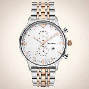 Emporio Armani AR0399 Men’s Silver Dial Two-Tone Stainless Steel Gianni Chronograph Watch - Luxury Hub Store