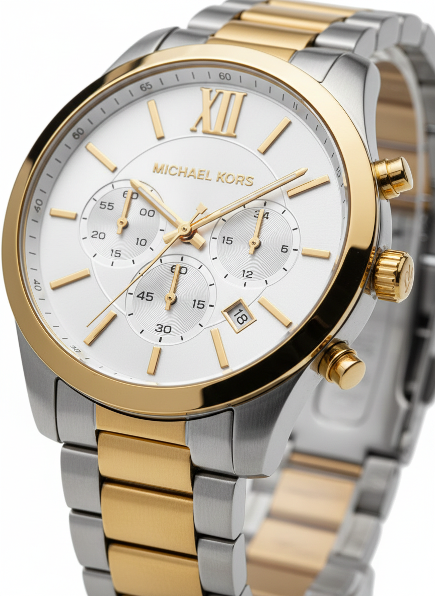 Michael Kors MK9221 Men’s White Dial Two-Tone Silver Gold Stainless Steel Billie Chronograph Watch - Luxury Hub Store