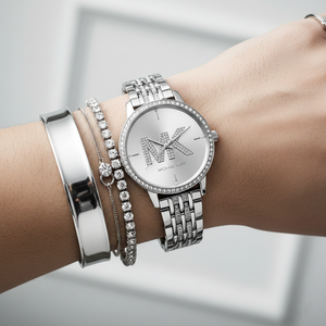 Michael Kors MK4370 Women’s Silver Dial Silver Stainless Steel Crystal MK Logo Watch - Luxury Hub Store