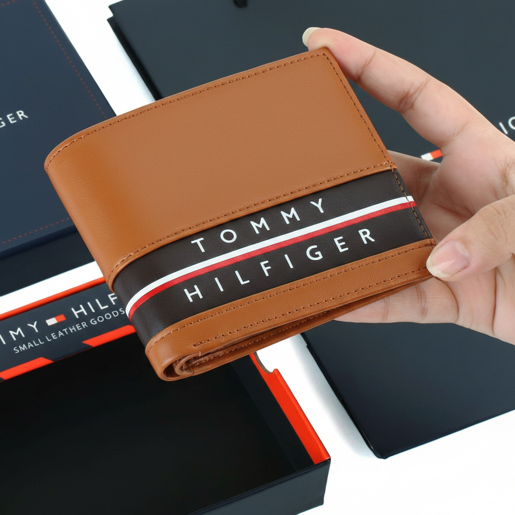 Tommy Hilfiger Men's Wallet | Tan Leather Horizontal Stripe with Logo Text