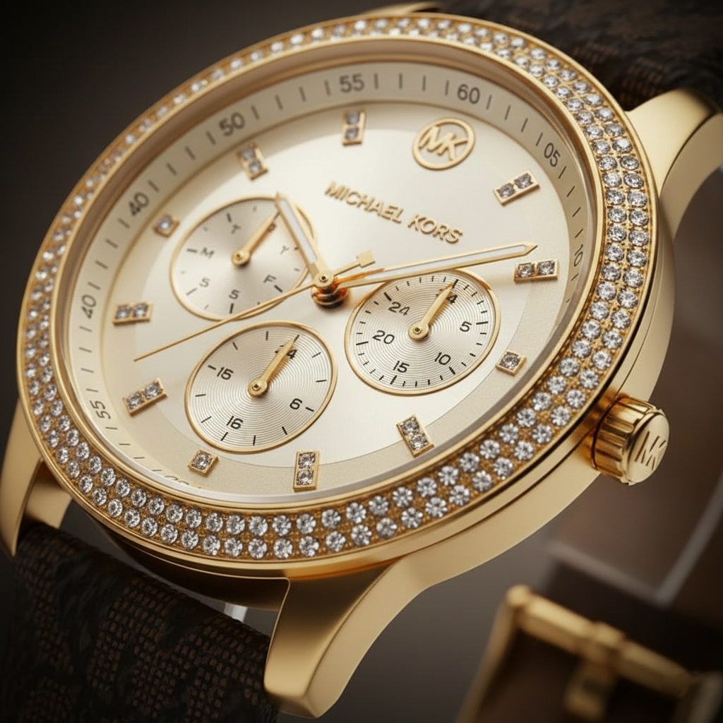 Michael Kors Tibby MK6966 Women’s Gold Dial Brown Leather Multi-Function Watch - Luxury Hub Store