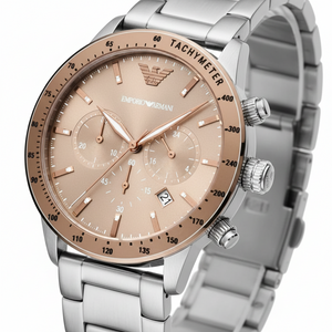 Emporio Armani AR11352 Men’s Champagne Dial Stainless Steel Mario Chronograph Watch - Luxury Hub Store