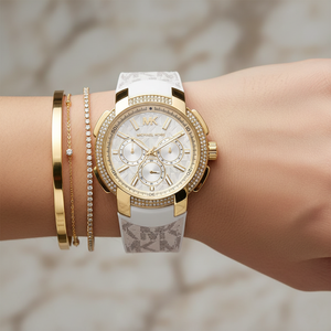 Michael Kors MK7221 Women’s White Dial White Logo Strap Gold-Tone Multi-Function Watch - Luxury Hub Store