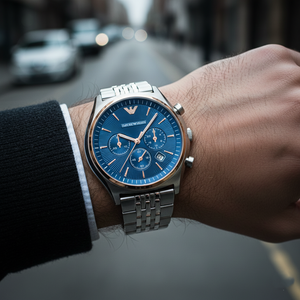 Emporio Armani AR1974 Men’s Blue Dial Stainless Steel Zeta Chronograph Watch - Luxury Hub Store