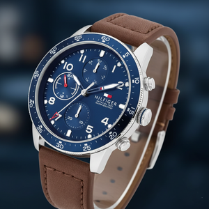 Tommy Hilfiger Jimmy 1791946 Men’s Blue Dial Brown Leather Multi-Function Watch - Luxury Hub Store