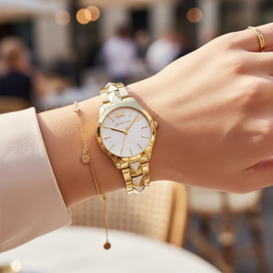 Michael Kors Runway MK6689 Women’s Gold Mother-of-Pearl Dial Pyramid-Link Bracelet Watch - Luxury Hub Store