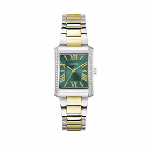 GW0874L2 Two-tone silver and gold watch with green face on a white background