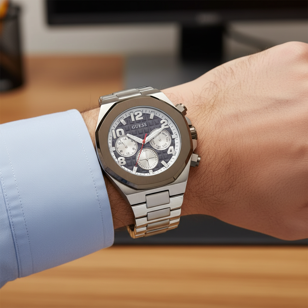 Close up shot of Guess GW0489G1 watch on wrist showing the blue textured dial and gunmetal bezel