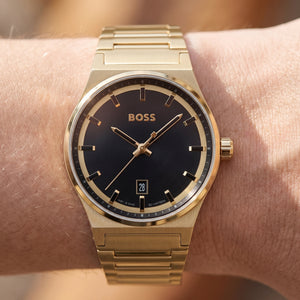 Live wrist shot of Hugo Boss Candor 1514077 men's watch.