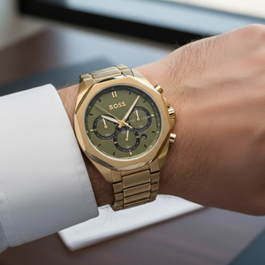 Detailed macro view of the olive green sunray dial and chronograph sub-dials of Hugo Boss 1514019