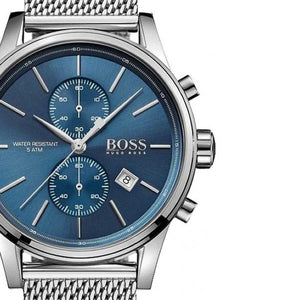 Hugo Boss watch with blue face and silver mesh band on a white background