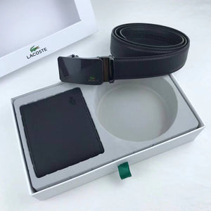 Lacoste 2-Piece Gift Set featuring Black Petit Piqué Wallet and Belt in white box with shopping bag