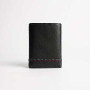 Black leather wallet with red stitching on a white background