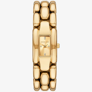 Gold watch with a white background
