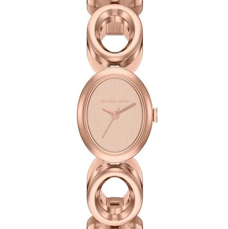 Michael Kors oval analog watch with a rose gold-tone metal link bracelet and matching dial, shown on a plain white background.