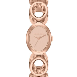 Michael Kors oval analog watch with a rose gold-tone metal link bracelet and matching dial, shown on a plain white background.