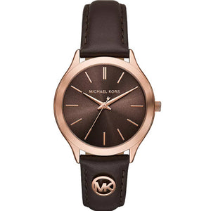 Michael Kors analog watch with a dark brown sunburst dial, rose gold-tone case, and a dark brown leather strap featuring an MK logo medallion.