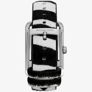 Photo of the silver-tone stainless steel buckle on the Michael Kors MKo1147 leather strap