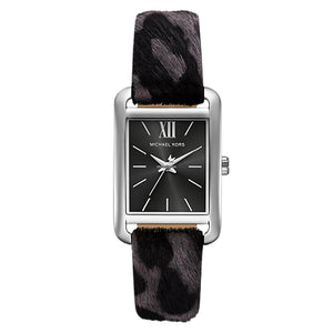 Authentic real-life photo of Michael Kors MKo1199 showing actual grey leopard print strap and black dial
