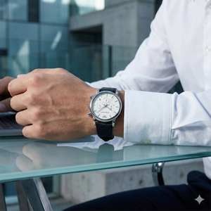 Man wearing Emporio Armani AR1810 white watch with white shirt and modern style