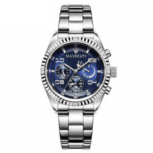 Maserati watch with blue face and silver strap on a white background