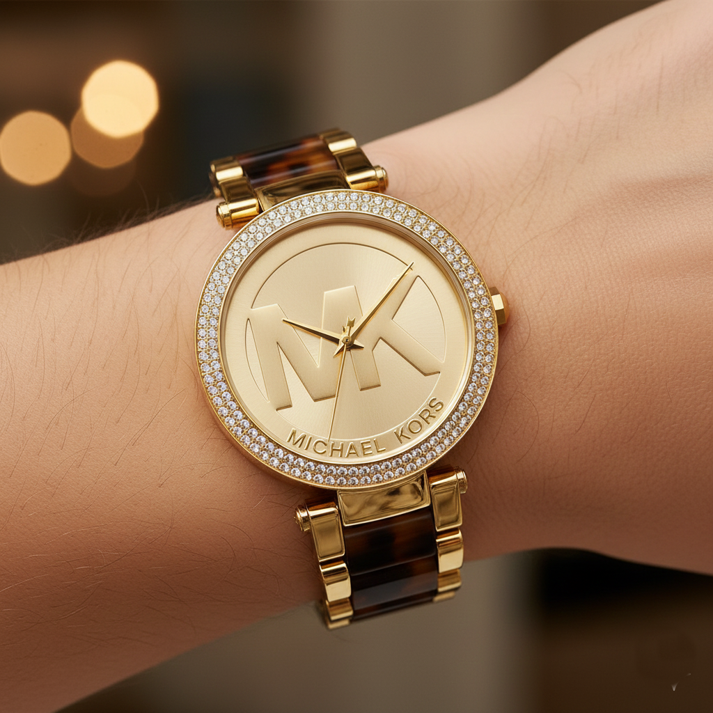Extreme close-up of Michael Kors MK6109 showing tortoise acetate links and gold logo