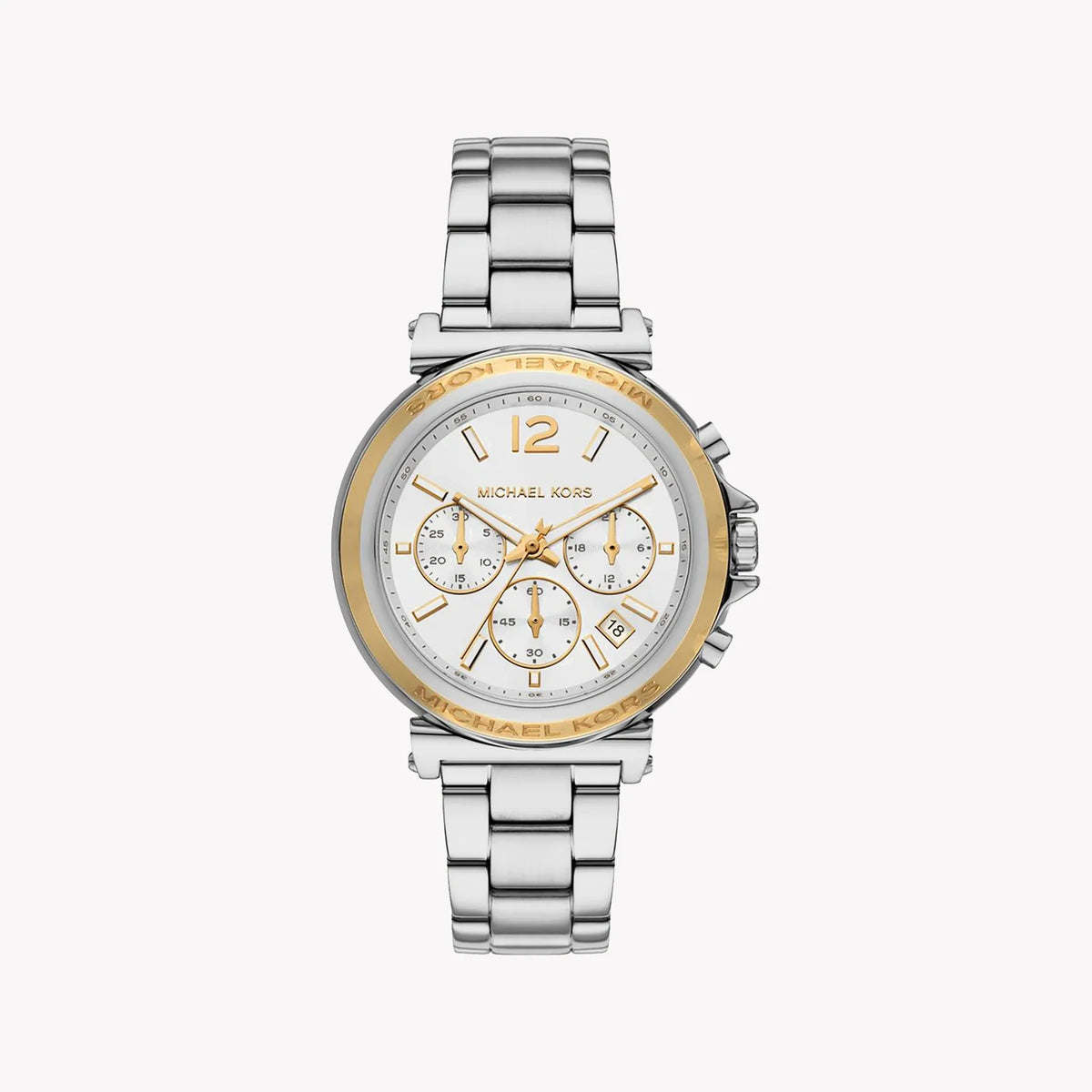 Michael Kors analog watch with a silver stainless steel link bracelet, a white dial with gold-tone details, and a gold-tone bezel, shown against a light gray background.