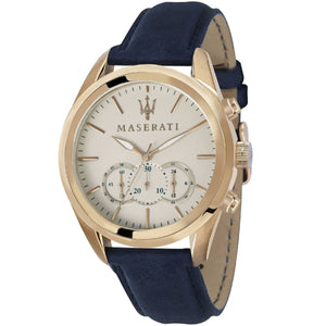 Maserati Traguardo R8871612016 men's watch with two-tone case, ivory dial, and blue leather strap