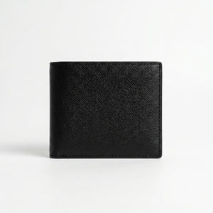 Straight back view product photography of the Tommy Hilfiger mirror original textured black leather wallet showing a minimalist clean stitched layout
