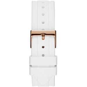 Detailed close-up view of the polished rose gold-tone deployment clasp on the stainless steel link bracelet for the Guess Confetti W1098L5 women's watch