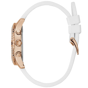 Side profile of Guess Confetti W1098L5 women's multi-function watch showing 11mm thickness and polished rose gold-tone finish