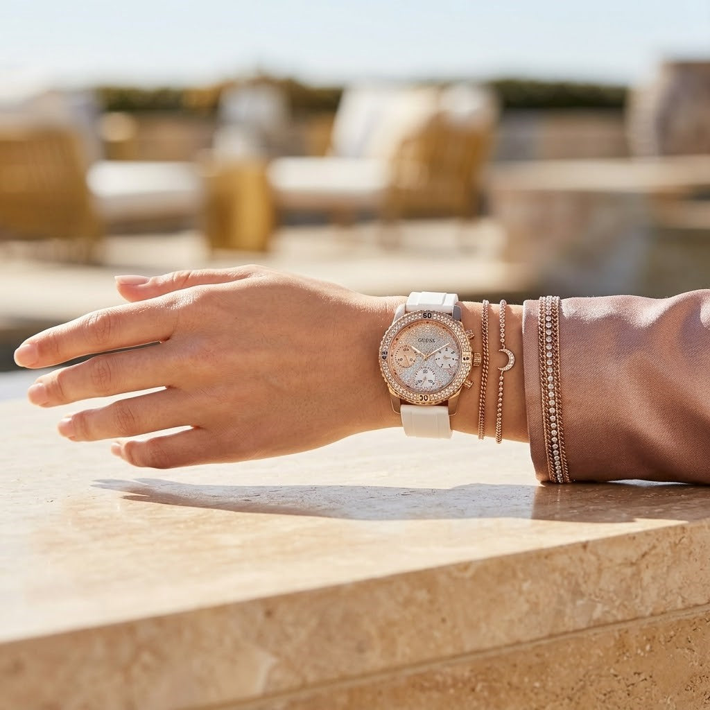 Close up of Guess Confetti W1098L5 women's multi-function watch (Rose Gold Cushion Case and Pure White Rubber Strap variant) on wrist showing deep silver-white dial with multi-function display and luminous indices