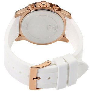 Caseback of Guess Solar W1135L1 women's quartz battery multi-function watch showing technical specs 30m water resistance and stainless steel material