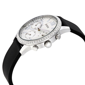 Right angled view of Guess Sunrise W1135L5 women's multi-function watch highlighting polished silver finish and cushion case details
