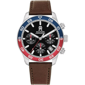 Tommy Hilfiger 1792166 Men’s Chronograph Watch – Black Dial, Pepsi Bezel & Brown Leather Strap - Luxury Hub Store