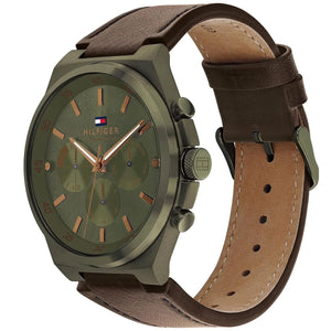 Tommy Hilfiger Men's Watch 1792085 – Olive Green Dial & Brown Leather Strap - Luxury Hub Store