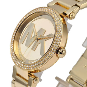 Michael Kors MK5784 Parker Women’s Gold Crystal Bezel MK Logo Dial Stainless Steel Watch - Luxury Hub Store