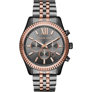 Michael Kors MK8561 Men’s Grey Dial Two-Tone Black Rose Gold Stainless Steel Lexington Chronograph Watch - Luxury Hub Store