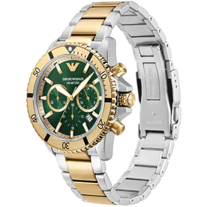 Emporio Armani AR11586 Men’s Green Dial Two-Tone Stainless Steel Diver Chronograph Watch - Luxury Hub Store
