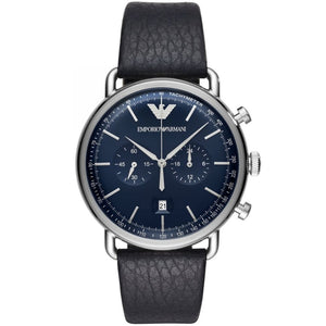 Emporio Armani AR11105 Men’s Blue Dial Black Leather Aviator Chronograph Watch - Luxury Hub Store